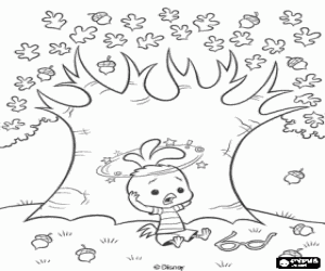 Colorear Chicken Little debajo del �rbol despues de la ca�da de las bellotas sobre su cabeza