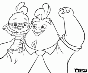 Colorear Chicken Little en hombros de su pap� con el pu�o en alto