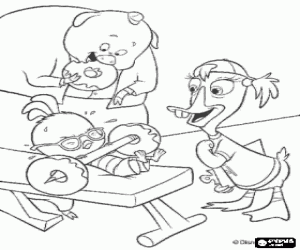 Colorear Chicken Little haciendo ejercicio para reforzar sus m�sculos acompa�ado por sus amigos