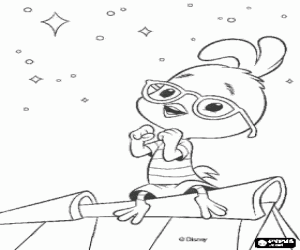 Colorear Chicken Little sentado en el tejado de una casa observando las estrellas del cielo