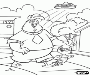 Colorear Chicken Little y su padre paseando tranquilamente por el pueblo con una nave espacial volando detr�s de ellos