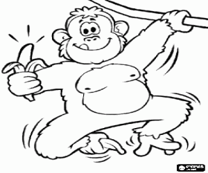 Colorear Chimpanc� colgado de una liana con un pl�tano