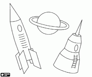 Colorear Cohete y c�psula espacial con el planeta Saturno