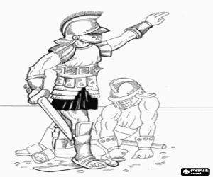 Colorear Combate entre dos gladiadores en el anfiteatro, el vencedor pregunta al p�blico si debe matar al vencido