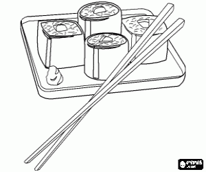 Colorear Comida japonesa con los palillos preparados, conocido como maki pues es sushi enrollado con alga