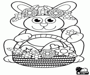 Colorear Conejito con adornos y con un cesto lleno de huevos de Pascua