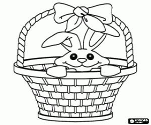 Colorear Conejo de Pascua dentro de un cesto con un lazo decorativo