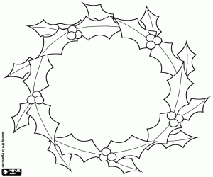 Colorear Corona de Navidad de hojas de acebo con frutos rojos