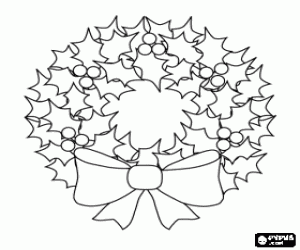 Colorear Corona de Navidad de hojas de acebo con un gran lazo decorativo