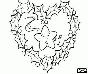 Colorear Corona de Navidad en forma de coraz�n formada por hojas de acebo y con una estrella en el centro