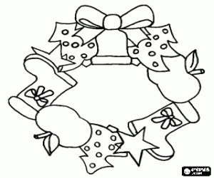 Colorear Corona de Navidad formada por abetos adornados, botas, estrellas, manzanas y campana con lazo