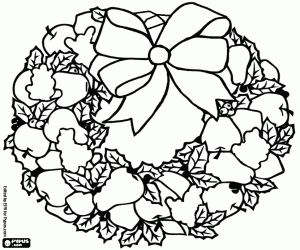 Colorear Corona de Navidad formada por hojas de acebo y frutas variadas con un gran lazo