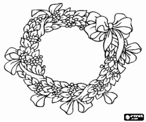 Colorear Corona navide�a hecha con hojas, frutos y lazos
