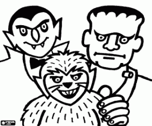 Colorear Criaturas legendarias, un hombre lobo, un vampiro y el monstruo Frankenstein