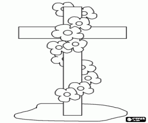 Colorear Cruz clavada en el suelo adornada con una guirnalda de flores