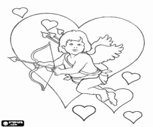 Colorear Cupido con el arco y la flecha entre muchos corazones