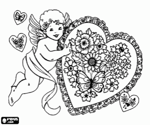 Colorear Cupido con un coraz�n lleno de flores