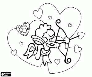Colorear Cupido en un cielo de corazones