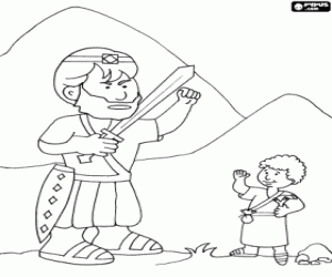 Colorear David enfrent�ndose al gigante filisteo Goliat unicamente con su honda