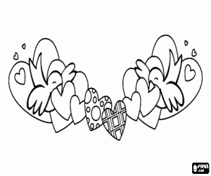 Colorear Decoraci�n del dia de los enamorados con dos pajaritos y muchos corazones