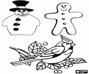 Colorear Decoraciones navide�as: mu�eco de nieve, galleta en forma de hombre y pajarito en una rama