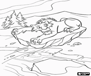 Colorear Diego, el tigre diente de sable, asustado sobre una roca que cae