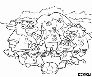 Colorear Dora con el equipo de futbol formado por sus amigos