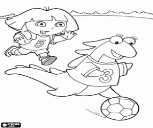 Colorear Dora jugando al futbol con su amiga Isa, la iguana