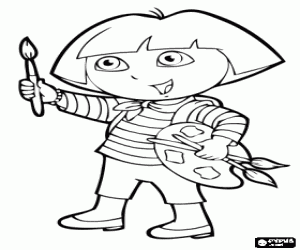 Colorear Dora la exploradora con los pinceles y la paleta de colores