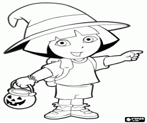 Colorear Dora la exploradora la noche de Halloween con una calabaza y un sombrero de bruja