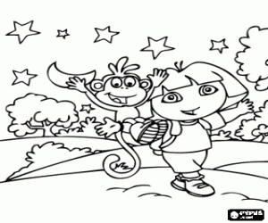 Colorear Dora, la ni�a exploradora, al lado del mono Botas explorando por el bosque durante la noche 