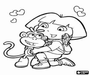 Colorear Dora Marquez, la exploradora, con sus mejores amigos: el mono Botas, Mochila y Mapa