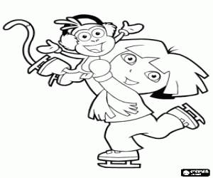 Colorear Dora patinando sobre hielo con su amigo el mono Botas