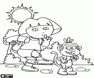 Colorear Dora y Botas caminando sigilosamente por el bosque 