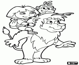Colorear Dora y el mono Botas encima de los hombros del le�n