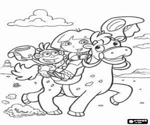 Colorear Dora y su mono Botas montando a caballo por la pradera