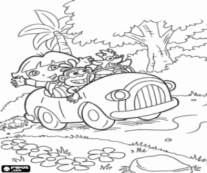Colorear Dora y sus amigos en un peque�o autom�vil por la selva