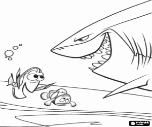 Colorear Dory y Marlin, el padre de Nemo, delante de un tibur�n