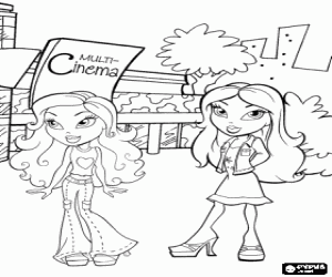 Colorear Dos amigas Bratz de paseo una tarde de primavera delante las salas de cine