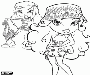 Colorear Dos chicas Bratz con sombreros, shorts y camisetas para el verano
