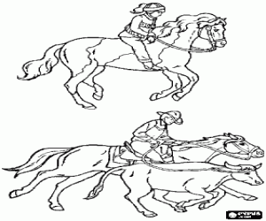 Colorear Dos im�genes ecuestres - Joven jinete montando un caballo y cow-boy a caballo lanzando el lazo a una res