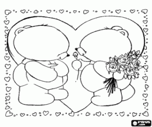 Colorear Dos ositos enamorados con corazones y un ramo de flores