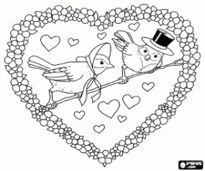 Colorear Dos pajaritos enamorados en un coraz�n de flores