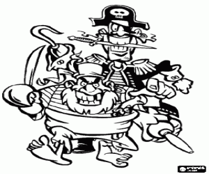 Colorear Dos piratas, el capit�n con garfio y pata de palo con el cuchillo en la boca,  y su ayudante con el machete en la mano