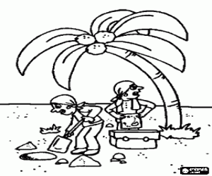 Colorear Dos piratas enterrando el cofre del tesoro con el mapa cerca de una palmera
