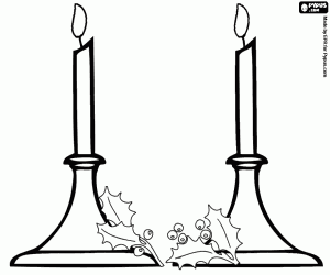 Colorear Dos velas encendidas en candelabros adornados con hojas de acebo