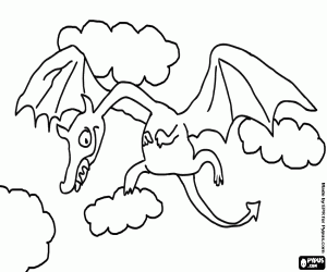 Colorear Drag�n alado volando entre las nubes