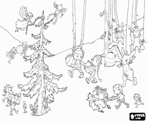 Colorear Duendes navide�os con sus amigos, los animales y las hadas del bosque, adornando el �rbol de Navidad
