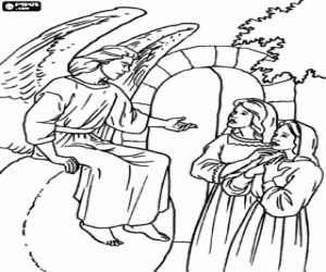 Colorear El �ngel anunciando la resurrecci�n de Jes�s a Mar�a Magdalena y a Mar�a sentado sobre la piedra del sepulcro