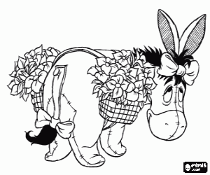 Colorear El asno Igor cargando muchas flores en unas alforjas